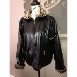 Black faux patent leather w/leopard trim jacket